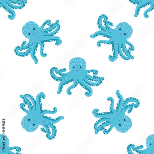Seamless pattern with cute octopus, seaweed and pearl. Trendy nursery background