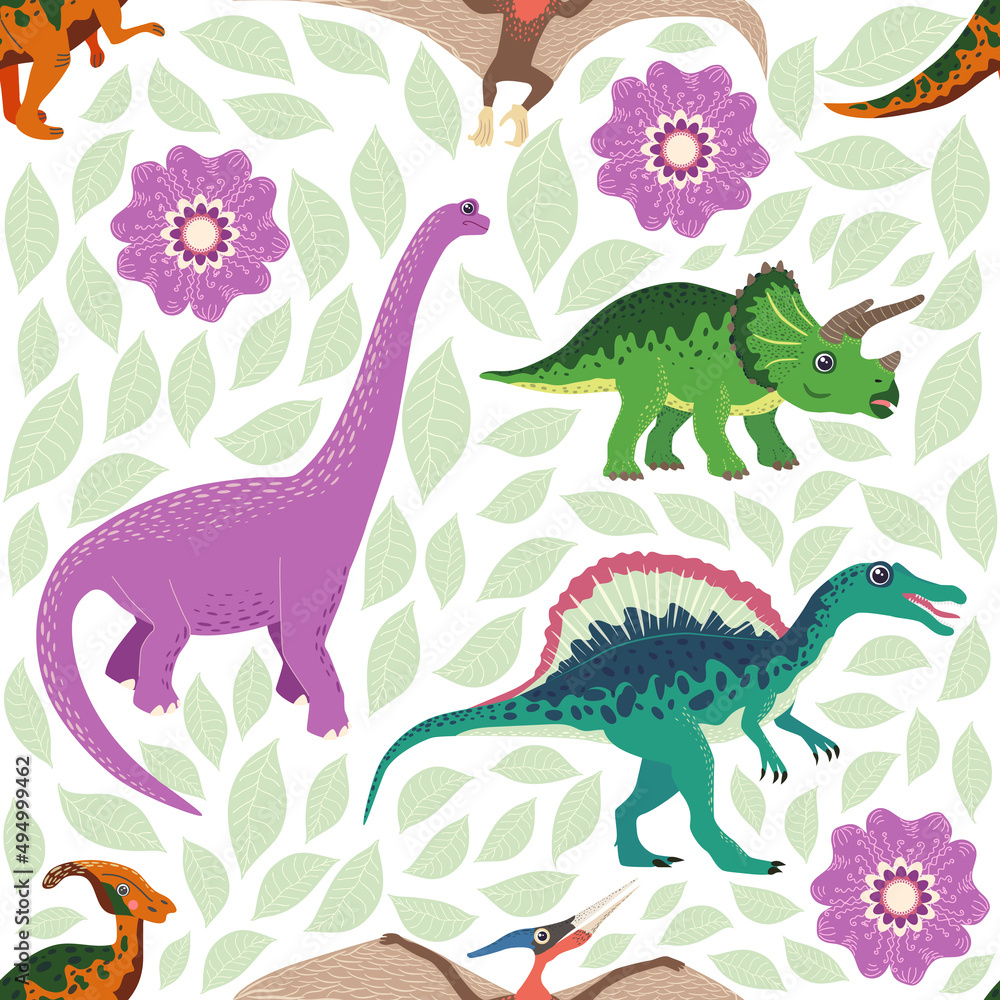Fototapeta premium Hand drawn seamless pattern with dinosaurs and tropical leaves and flowers. Cute dino design.