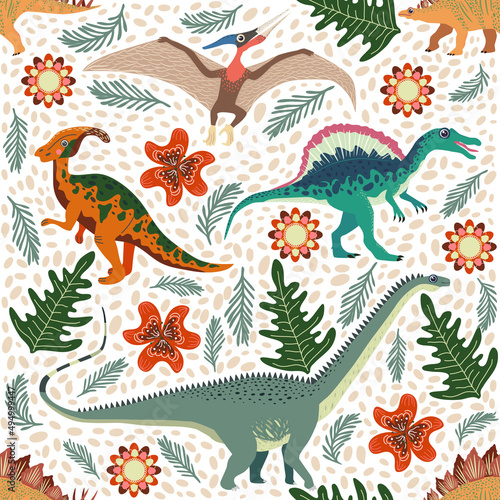 Hand drawn seamless pattern with dinosaurs and tropical leaves and flowers. Cute dino design. © MichiruKayo