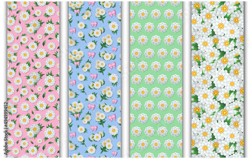 Set of colorful seamless patterns with cartoon chamomile, leaves, twigs and bouquets. Endless flower pattern for wrapping paper, background, wallpaper, etc.