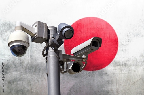 Closed circuit camera Multi-angle CCTV system against the background of the national flag of Japan.