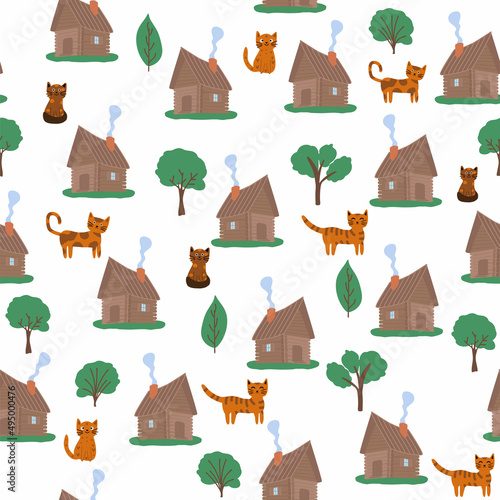 Wooden house in the forest seamless pattern. Scene with deciduous trees, fir trees and a Russian hut
