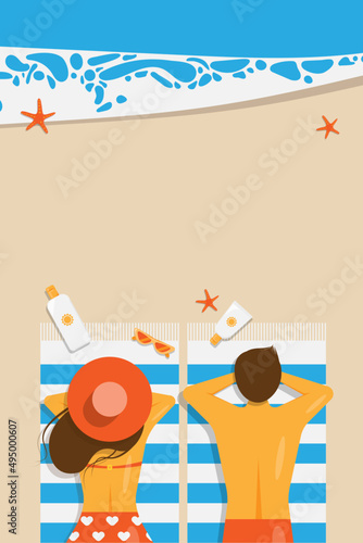 Girl and man on the beach in a bikini on the sea or ocean in summer. Couple relax on vacation in travel. Sun protection, sunscreen advertising design, top view. Vector illustration with mockup
