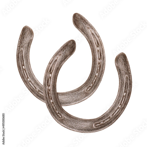 An aquarelle pencil artistic hand drawn image of two brown horseshoes with a real aquarelle paper texture as an element for design of texts, labels, greeting and invitation cards (isolated object)