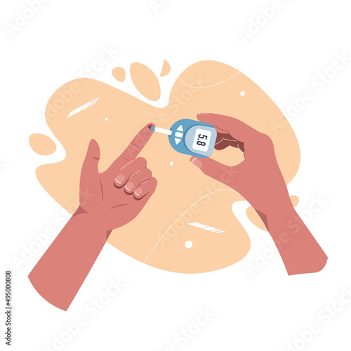 Blood glucose test. Cartoon hands holding glucometer and measures sugar level by finger stick. Diabetes monitoring and analysis device vector concept illustration. Glucose level or sugar test control.