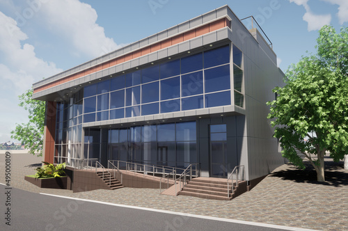 Modern office project, shop building.
3d graphics. Architectural visualization.
