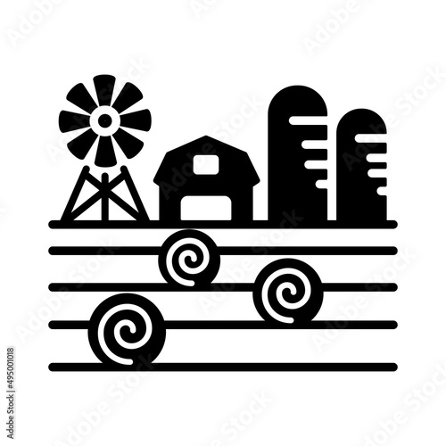 Farm landscape with barn, haystack and granary