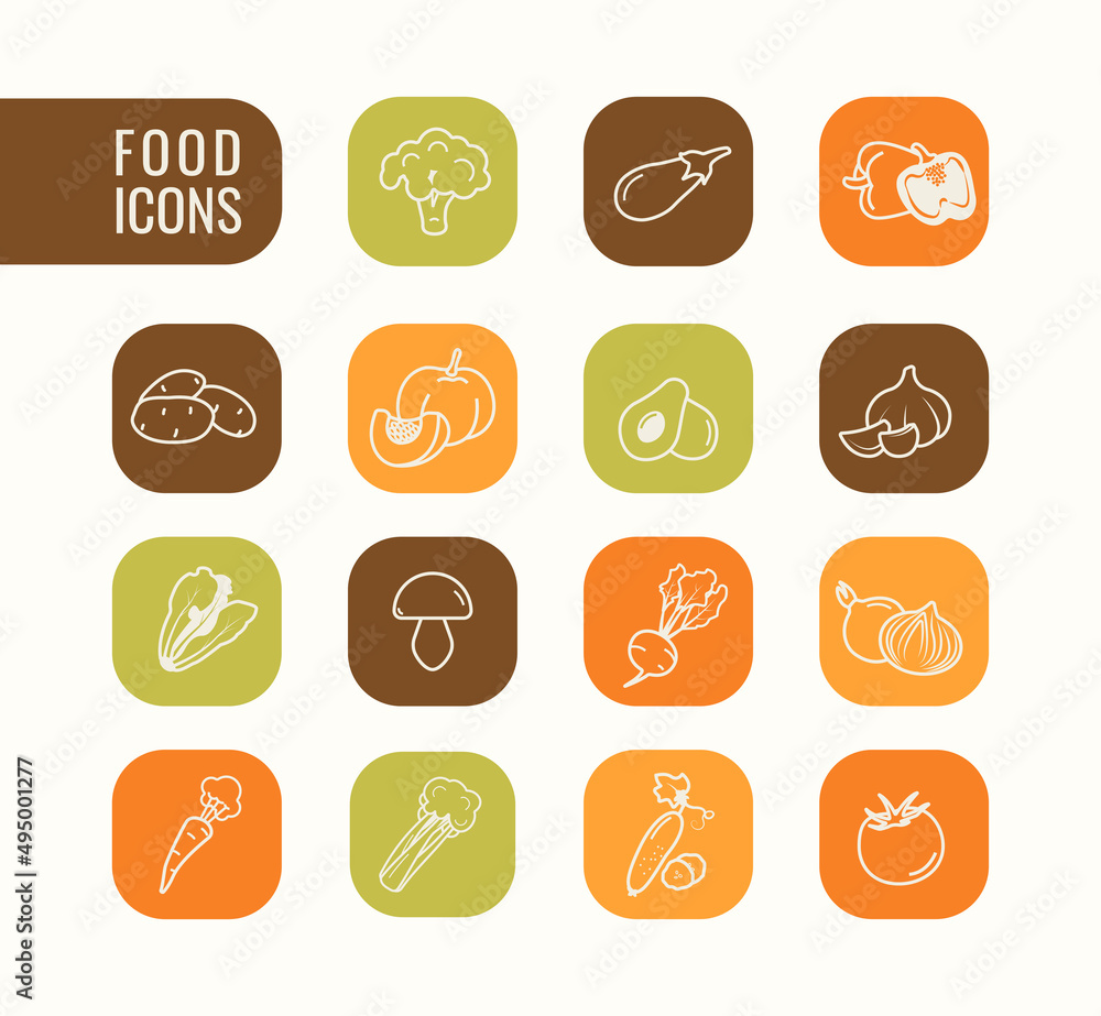 Fototapeta premium Food healthy outline icons. Vegetables thin line vector set in color. Infographic for app design.