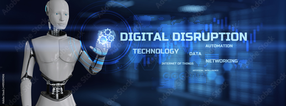 Digital disruption transformation disruptive innovation concept. Robot ...