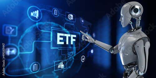ETF Exchange traded fund investment stock market. Robot pressing virtual button 3d render illustration.