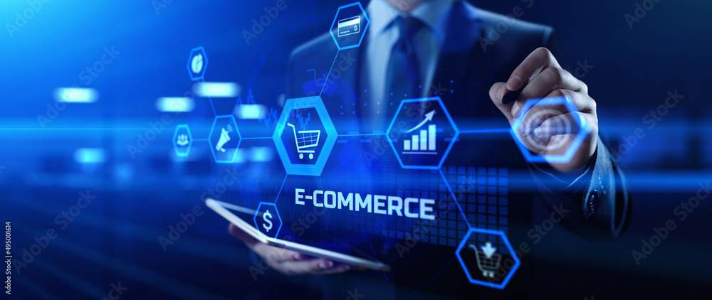 E-commerce online shopping business technology concept on screen. E-commerce online shopping business technology concept on screen.