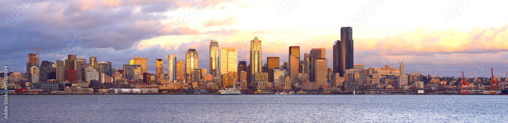 Seattle Skyline Sunset Panorama view from Alki Beach, Washington State-USA
