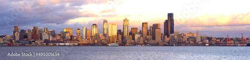 Seattle Skyline Sunset Panorama view from Alki Beach  Washington State-USA