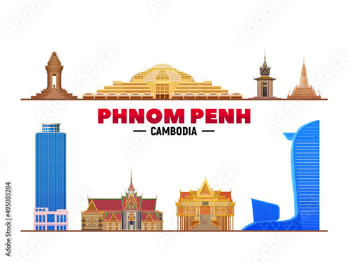 Phnom Penh (Cambodia) famous landmarks on white background at white background. Flat vector illustration. Business travel and tourism concept with modern buildings. Image for banner or web site.