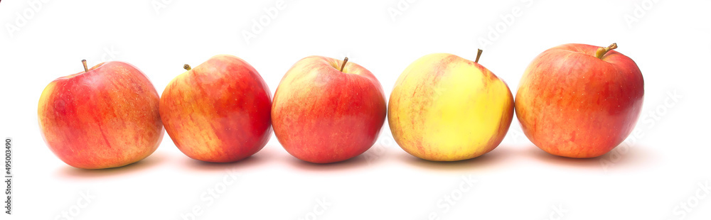 Five apples on an isolated white background. Panoramic photography. Five apples on an isolated white background. Panoramic photography.
