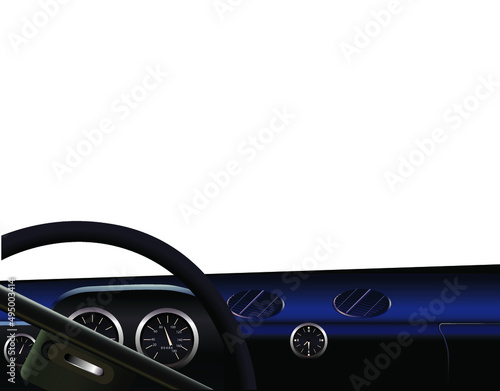 view from inside of a car, driving wheel, control panel, car dashboard, vector template