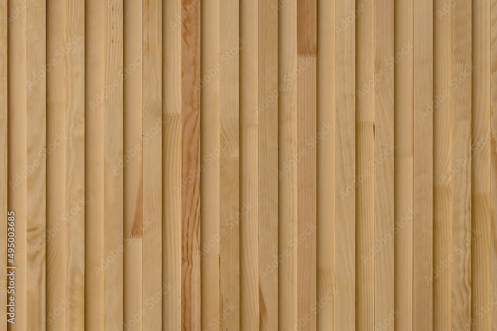 Seamless pattern of modern wall covering with vertical wooden slats for background - obrazy, fototapety, plakaty 