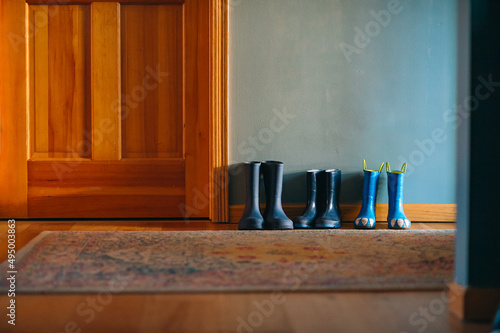 Three pairs of blue rainboots are lined up against a wall next to a door
