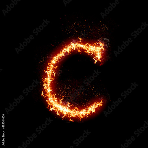 Letter C burning in fire, digital art isolated on black background, a letter from alphabet set