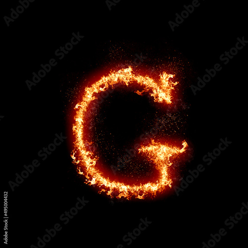 Letter G burning in fire, digital art isolated on black background, a letter from alphabet set