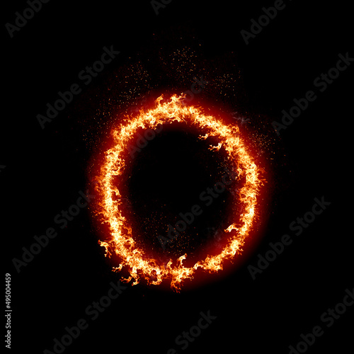 Letter O burning in fire, digital art isolated on black background, a letter from alphabet set