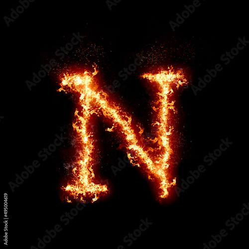 Letter N burning in fire, digital art isolated on black background, a letter from alphabet set