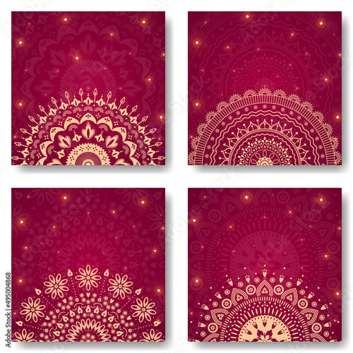Set of mandala ornament on red background with lights square banner template.