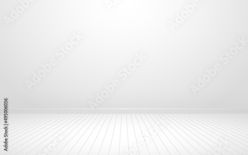 Wall and floor background. Empty white studio. Modern interior with wooden floor. Clean room mockup. Empty living space template. Light 3d wall. Vector illustration