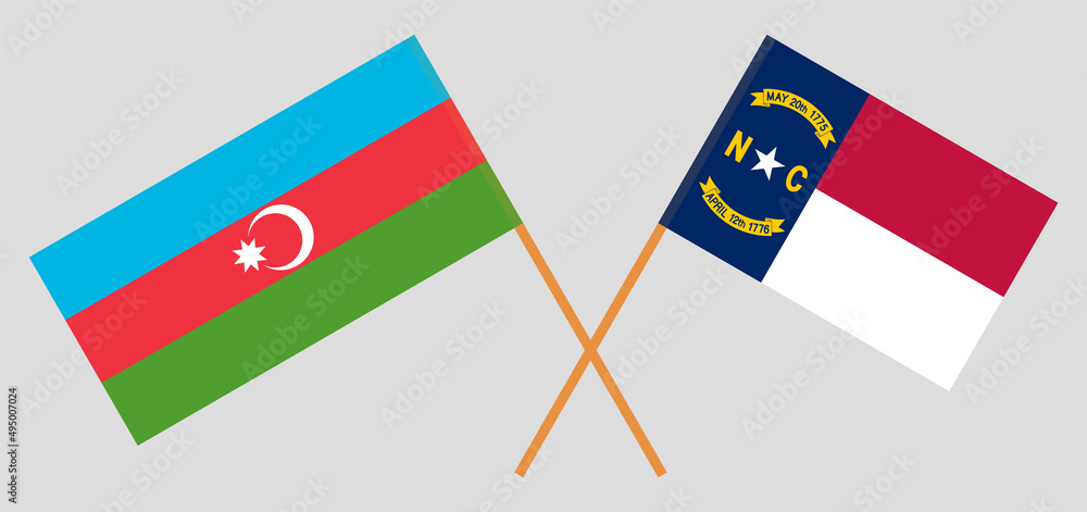 Crossed flags of Azerbaijan and The State of North Carolina. Official colors. Correct proportion Crossed flags of Azerbaijan and The State of North Carolina. Official colors. Correct proportion