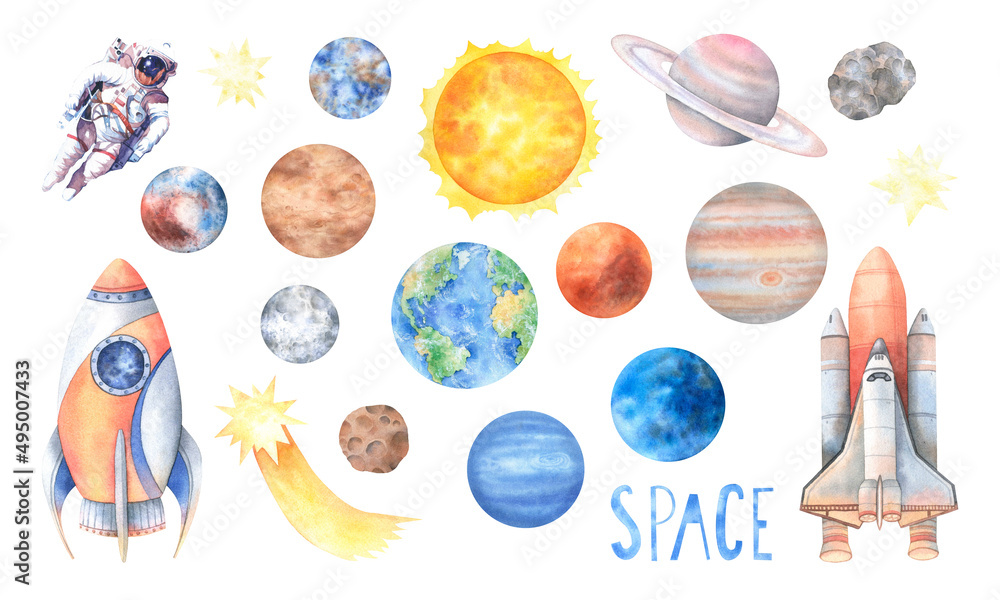 Big set of elements on the space theme. Planets, astronaut, rocket, stars, meteorites, moon. Solar system objects. Hand drawn watercolor illustration on white background. Image for children's decor. - obrazy, fototapety, plakaty 