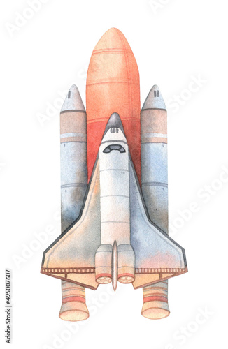 Rocket. Spaceship. Hand drawn watercolor illustration isolated on white background. Image for scientific article, poster, print, space design.