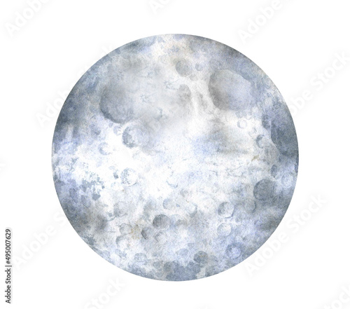 Moon. Space object, satellite of planet Earth. Hand drawn watercolor illustration isolated on white background. Image for poster, print, magazine.