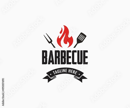 Barbecue restaurant logo design. BBQ trendy logo. Barbecue grill, spatula, and a grill fork.