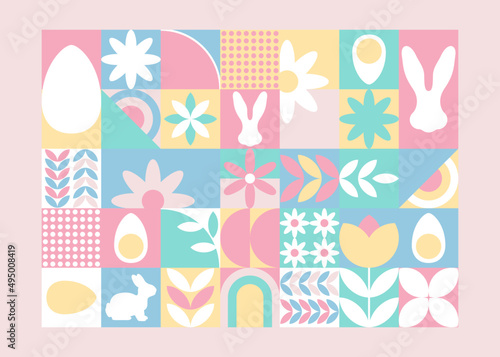Wesołych Świąt Wielkanocnych - wiosenna pastelowa mozaika z królikiem, jajkami i kwiatami. Powtarzający się wzór na kartki świąteczne.