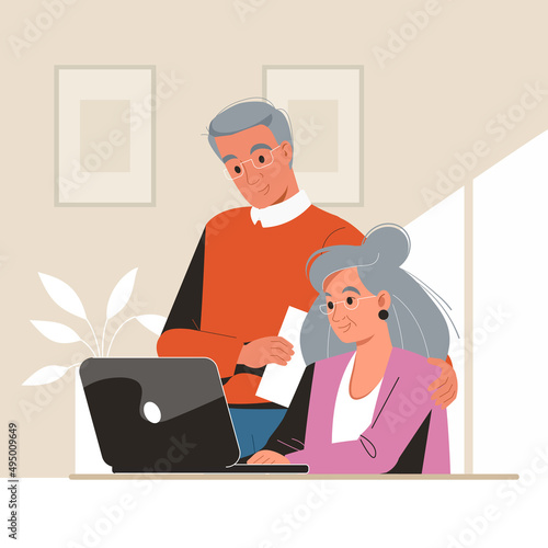 Senior people and technologies concept. Positive mature elderly couple using laptop together learning computer communicating online together vector illustration. Studying computer for elderly people