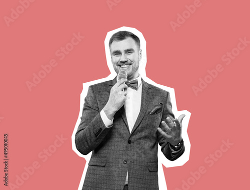 Portrait of an emotionally smiling successful presenter with a microphone. Contemporary art collage. Inspiration, ideas, magazine style. Business and creativity concept. Copyspace for ad. Modern desig photo