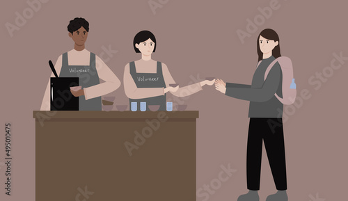 A young refugee woman, forced to leave her country because of the war, receives free food from a charity organization. Volunteers distribute food to homeless people in need. Flat vector illustration