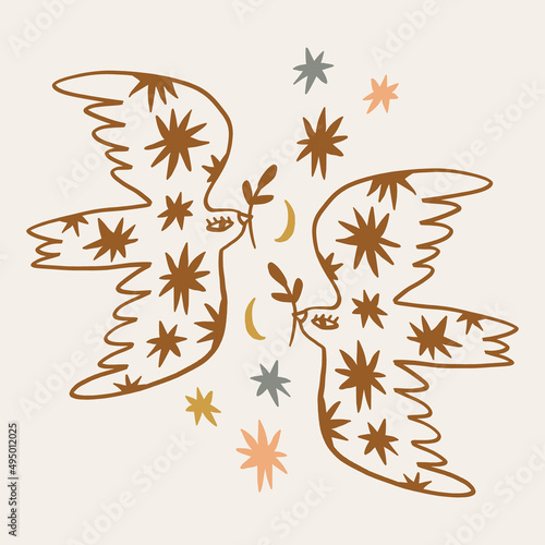 Dove of peace pigeon bird boho handdrawn style vector illustration art