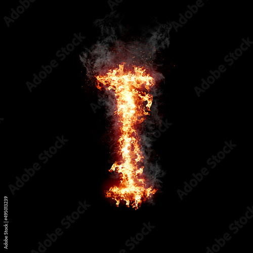 Letter I burning in fire with smoke, digital art isolated on black background, a letter from alphabet set