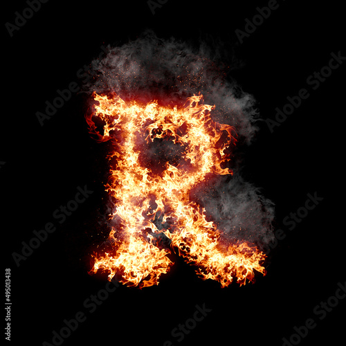 Letter R burning in fire with smoke, digital art isolated on black background, a letter from alphabet set