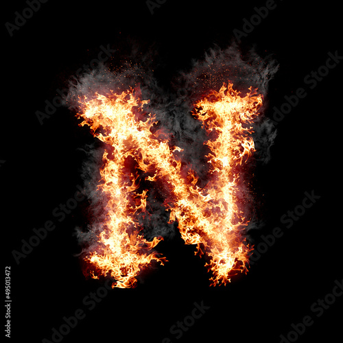 Letter N burning in fire with smoke, digital art isolated on black background, a letter from alphabet set