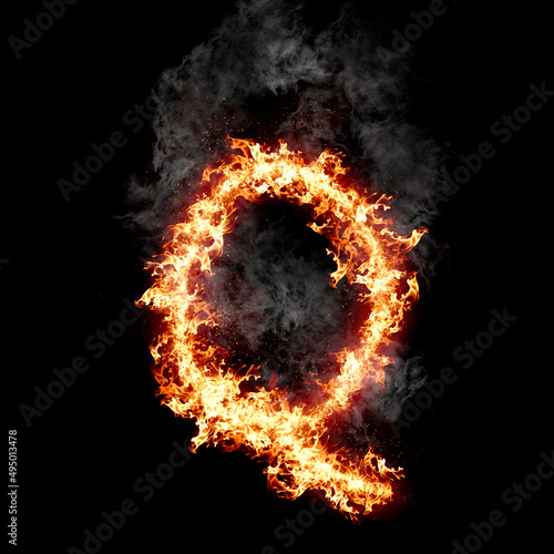 Letter Q burning in fire with smoke, digital art isolated on black background, a letter from alphabet set