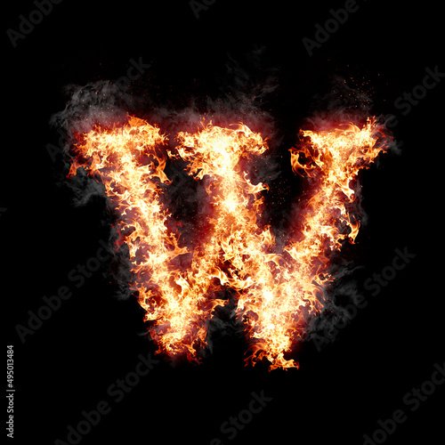 Letter w burning in fire with smoke, digital art isolated on black background, a letter from alphabet set