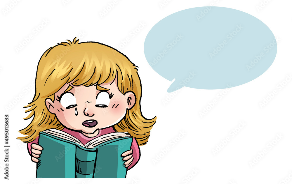 illustration of a girl reading and talking sad with a speech bubble illustration of a girl reading and talking sad with a speech bubble
