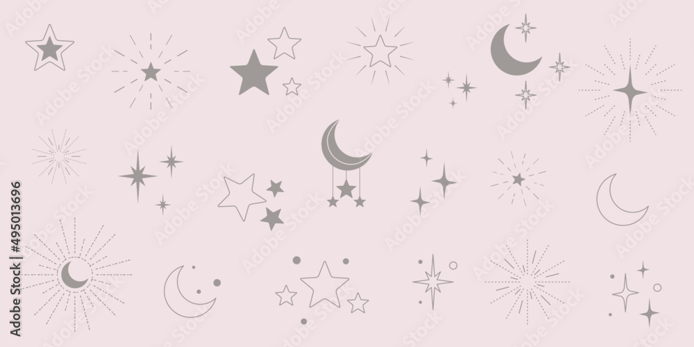 Gwiazdy i półksiężyce - srebrne błyszczące ikony. Gwieździsta noc, spadająca gwiazda, fajerwerki, migająca gwiazdka, świecące, wektorowe ilustracje. - obrazy, fototapety, plakaty 
