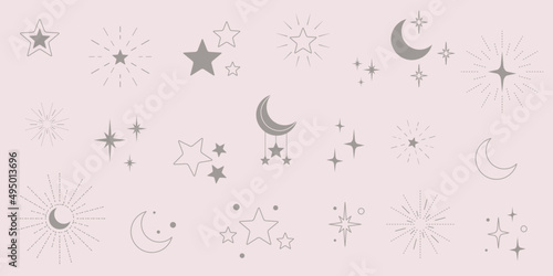 Gwiazdy i półksiężyce - srebrne błyszczące ikony. Gwieździsta noc, spadająca gwiazda, fajerwerki, migająca gwiazdka, świecące, wektorowe ilustracje.