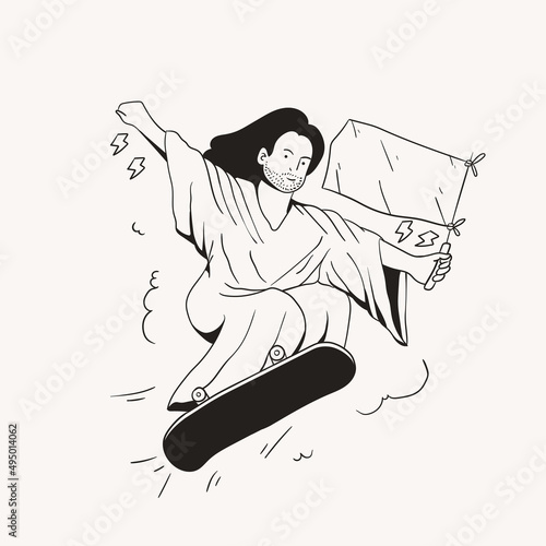 hand drawn outline jesus skater illustration