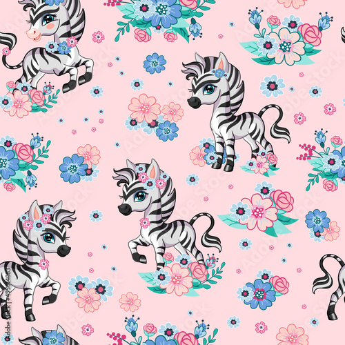 Seamless vector pattern with zebra and flowers pink