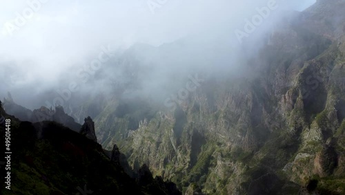 Aerial 4K footage of a drone flight in sky mountains Pico Ruivo in Madeira