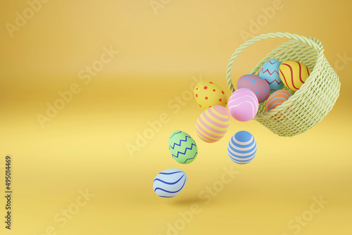 Easter eggs falling out of a basket with copy space . 3d illustration.